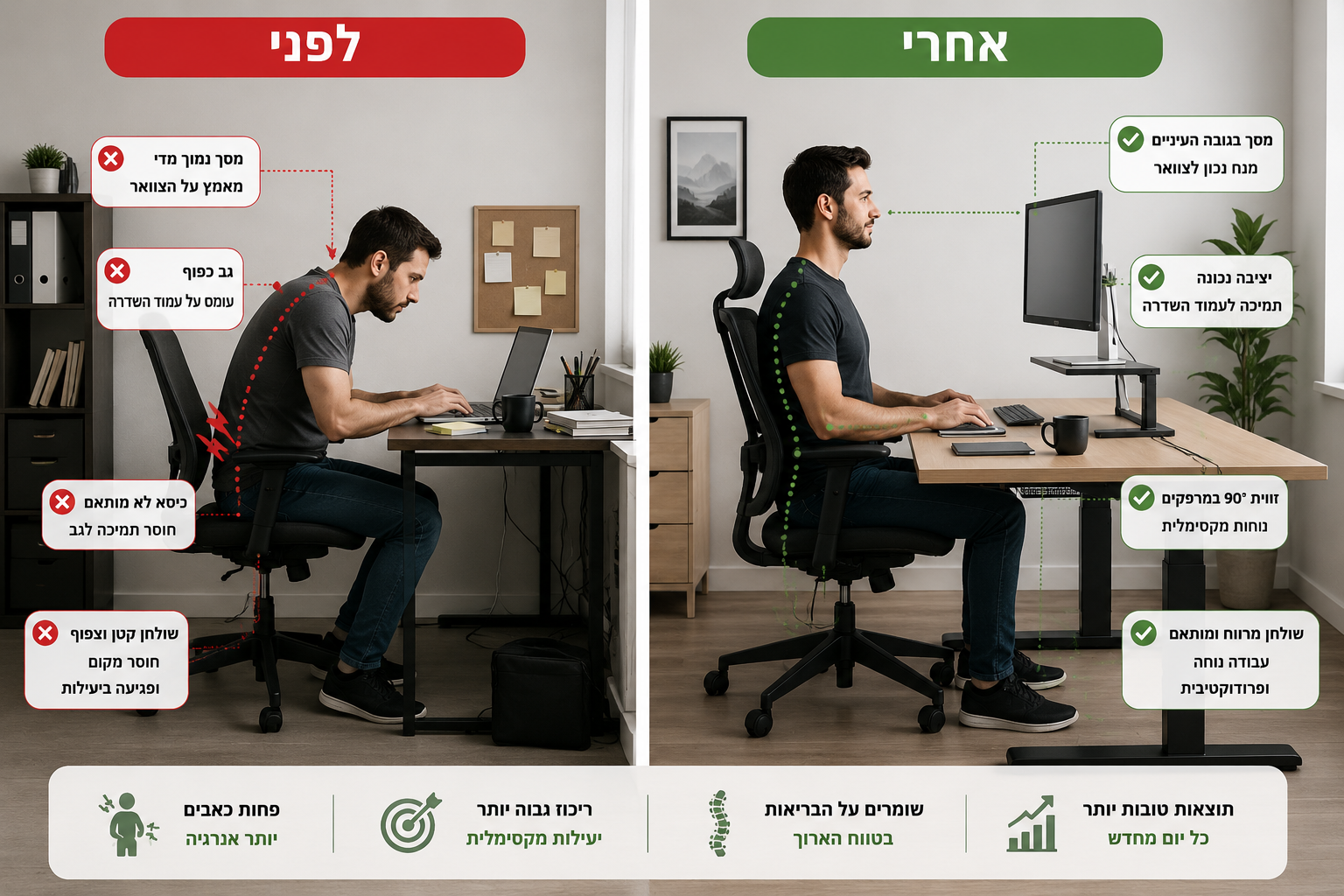 לפני ואחרי מעבר לשולחן עבודה ארגונומי